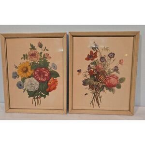Vintage Framed Botanical Floral Prints Set of 2 Cottage Wall Art